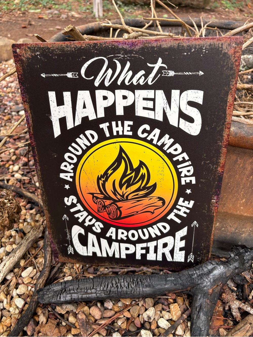 What Happens Around The Campfire Metal Sign - Yellow Orange Accent New